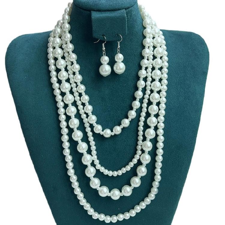 Faux Pearls Necklace and Earrings Set Fashionable Women's Faux Pearls Statement Necklace and Earrings Jewelry Set