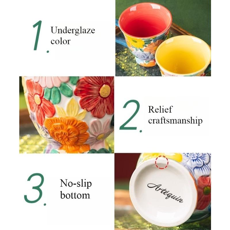 Colorful Relief Ceramic Mug 600ml Large Capacity Coffee Cup Beautyful Floral Retro Mug with Handle, Safe for Microwave Oven,easy To Clean,1pc