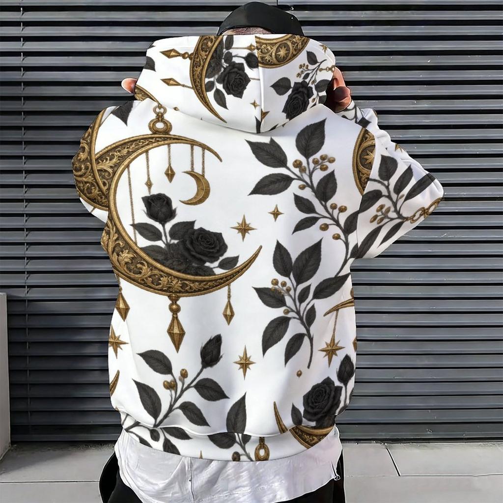 Men s Plus Size Long Sleeve Drawstring Hoodie Black Rose Gold Moon Star Printed White Kangaroo Pocket Pullover
