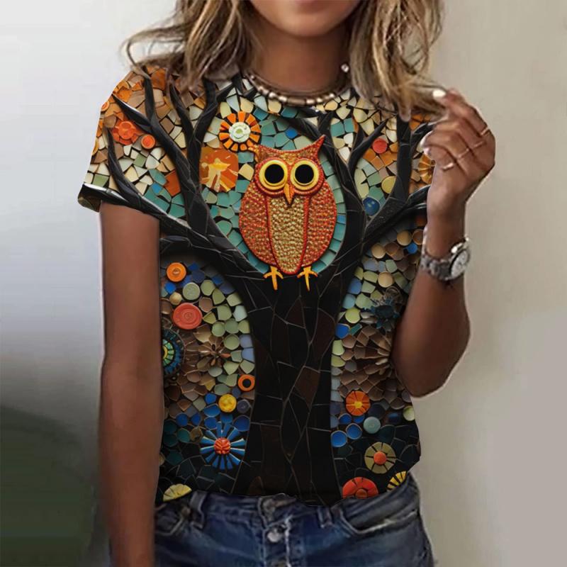 Colorful Owl Pattern T-Shirt For Women Funny Animals 3D Printed Short Sleeves Summer Loose T-Shirts O-Neck Tops Tees Streetwear