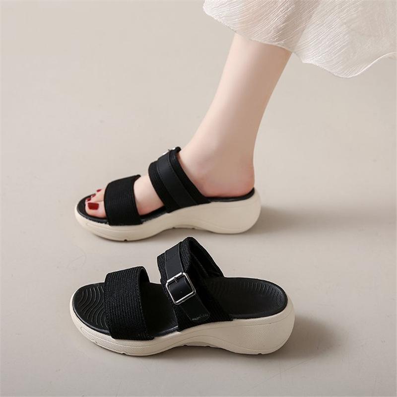 Home Indoor Muffin Platform Slippers Women's Large Size Outer Wear 2024 Autumn New Slope Heel One Pedal Sandals