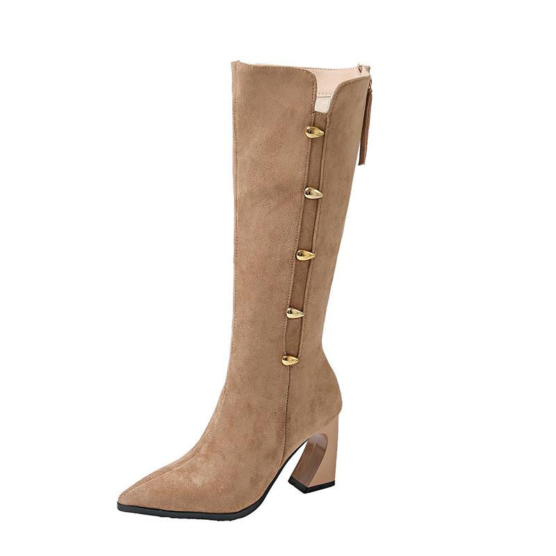 Aber kniehohe Stiefel mit Absatz Damen Herbst und Winter neue Mode-Stiefel mit dickem Absatz Reißverschluss hinten Metallschnalle vielseitige Stiefel