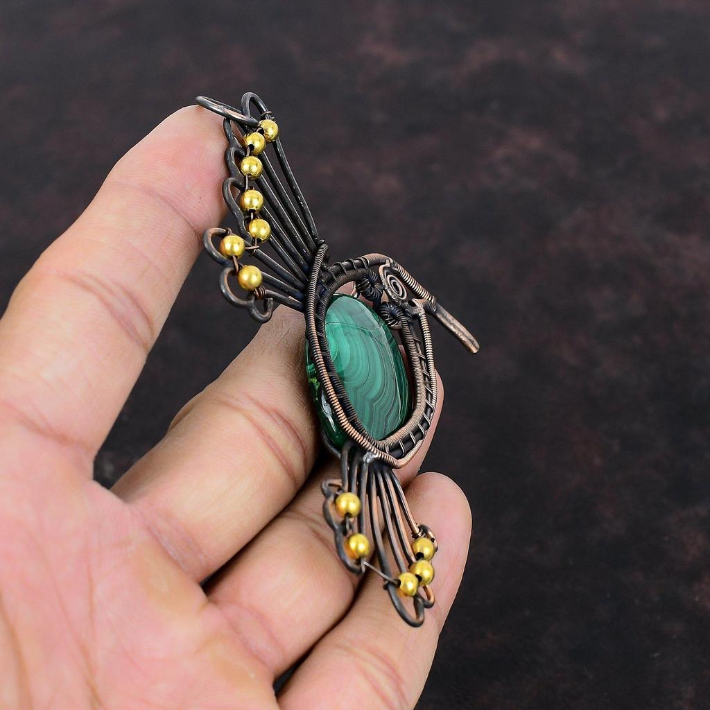Malachite Pendant Copper Wire Wrapped Pendant Natural Gemstone Jewelry Handmade Pendant Copper Wire Wrap Jewelry Bird Pendant Gift For Women