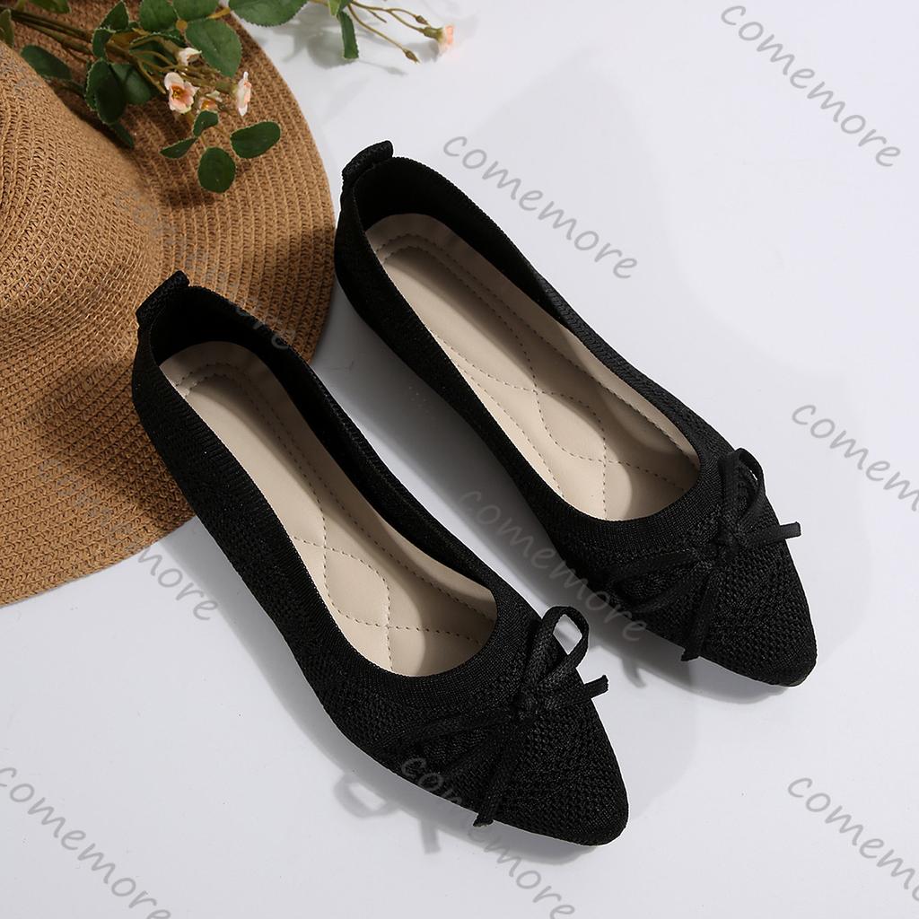 Fashion Comemore Summer New Pointed Toe Shallow Mouth Breathable Comfortable Casual Flats Shoes Solid Color Mesh Bowknot Loafers Women