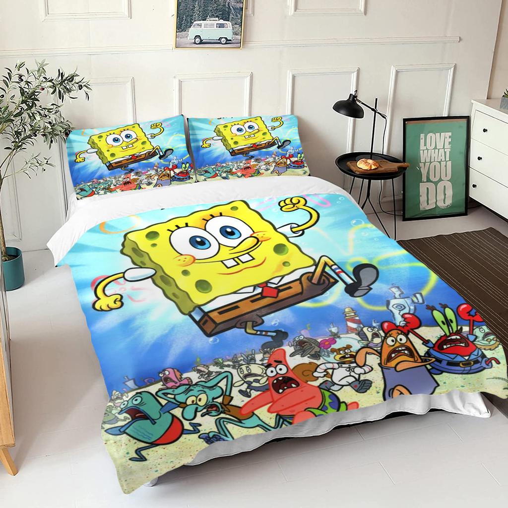 SpongeBob SquarePants Bedding Set Cartoon Duvet Cover Pillowcase for Kids Teens Bedroom Home Decor Christmas 2/3Pcs