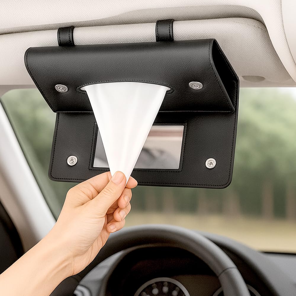 Car Tissue Hanging Car Sun Visor Box Storage Universal Automotive Part Mirror Type Box, Box, Rack, (Makeup - Black)