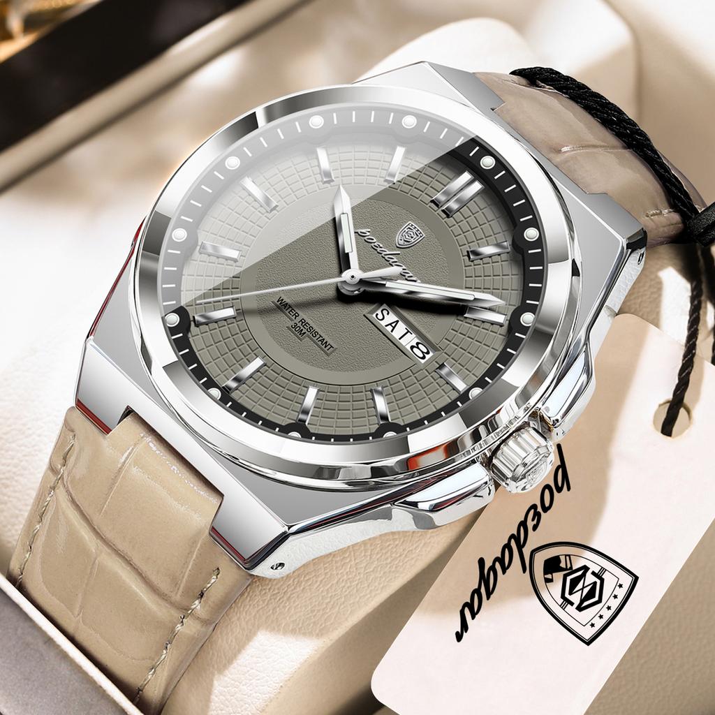 POEDAGAR Fashion Man Wristwatch Waterproof Luminous Date Week Business Quartz Watches Leather Sport Clock Reloj Hombre