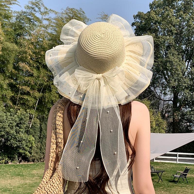 Summer Bow Sun Hat Female, Seaside Beach Vacation Sun Hat Outdoor Big Brim Sun Hat Sweet Straw Hat