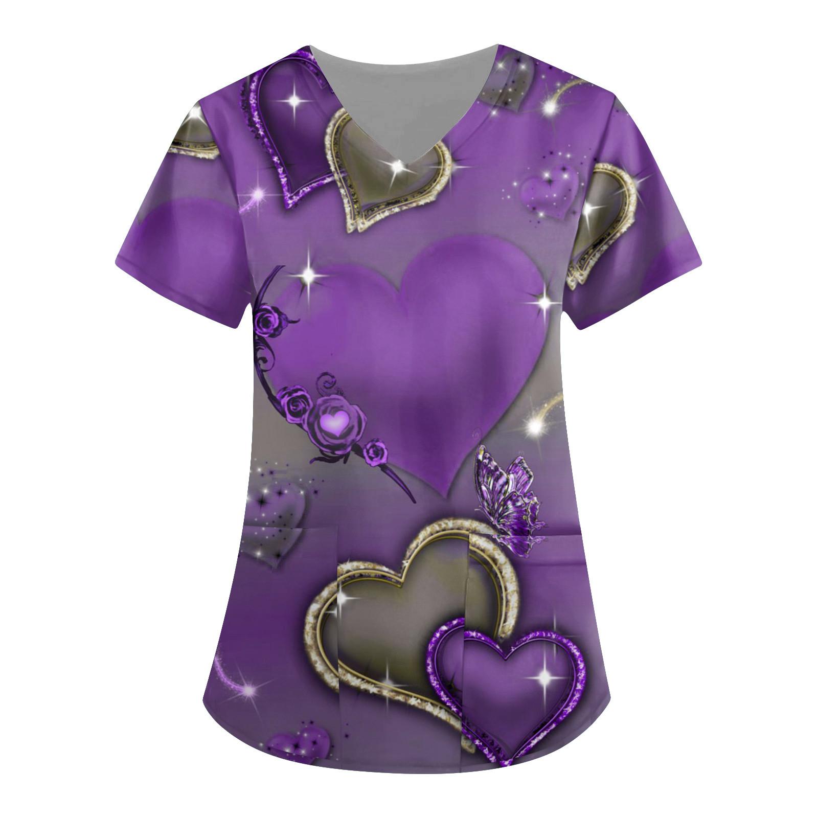 

Женская мода, рабочая одежда с v-образным вырезом, короткими рукавами и карманами, топы с принтом, летние топы для женщин M фиолетовый