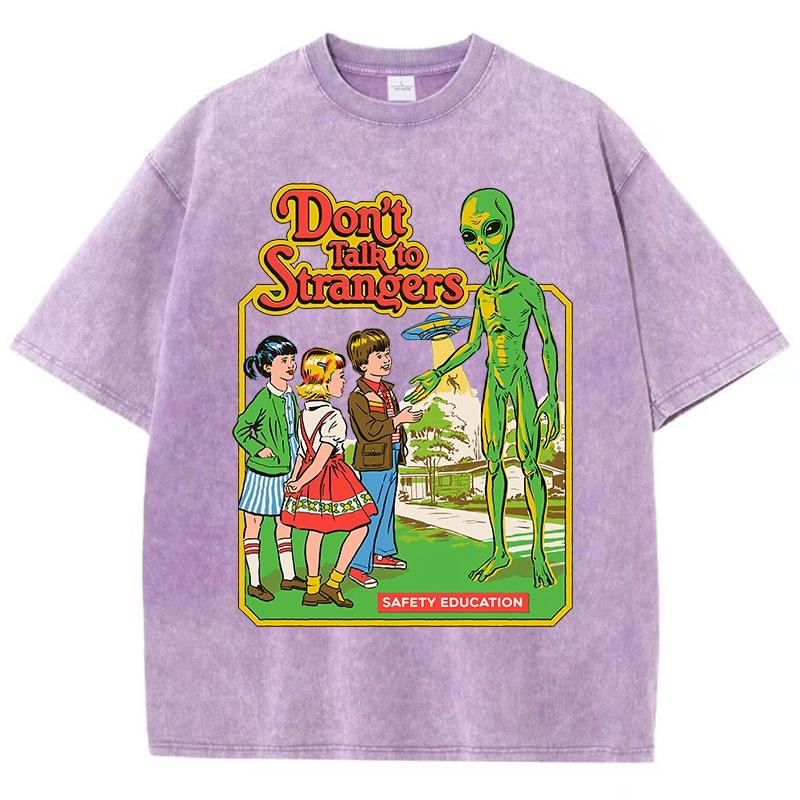 T-shirt Femme Impression Classique Communication Alien Dessin Animé Vintage Lavé Usé
