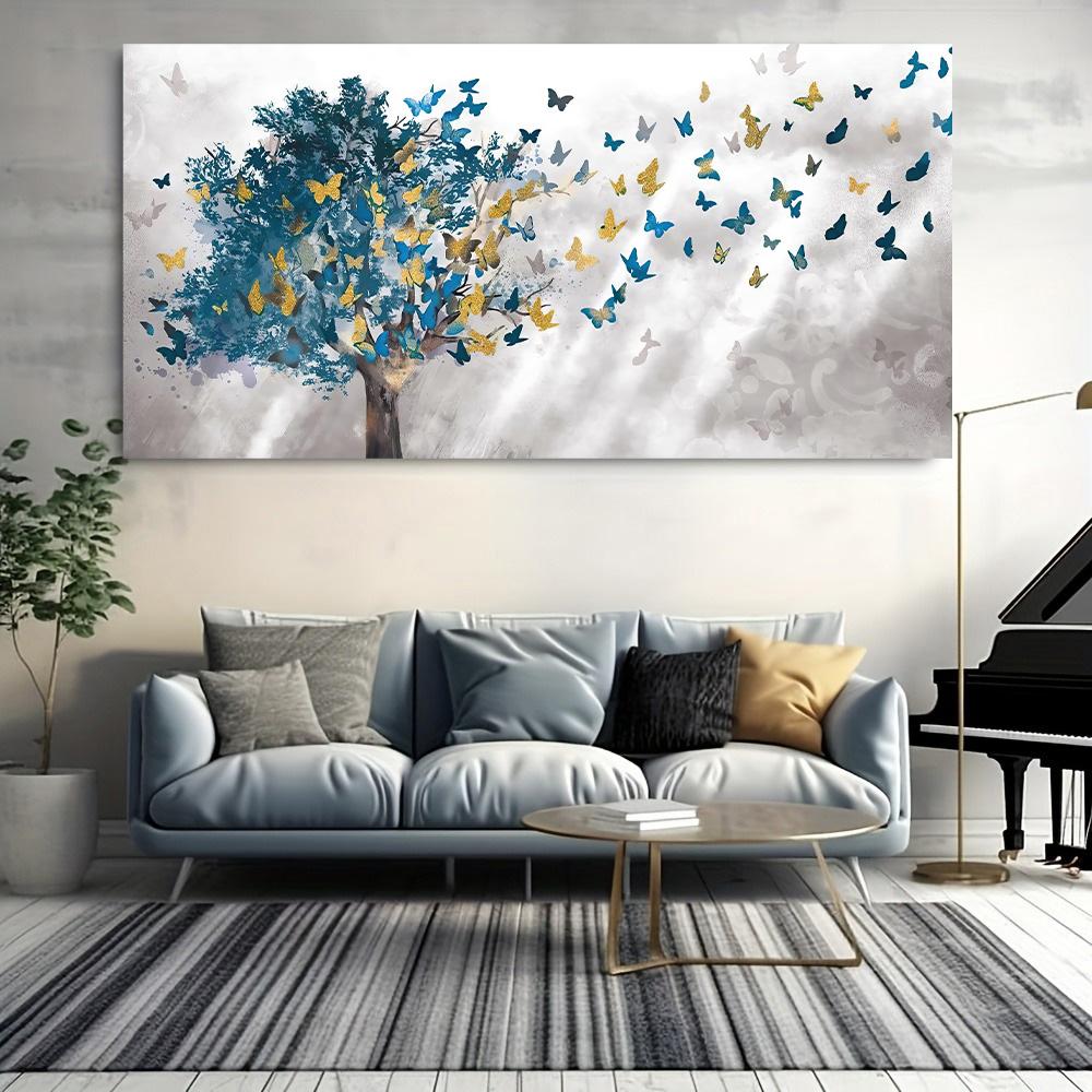 Abstract Blue Tree Butterfly Canvas Painting Posters and Prints Landscape Wall Art Pictures for Living Room Cuadros Decor Modern Decorative Prints