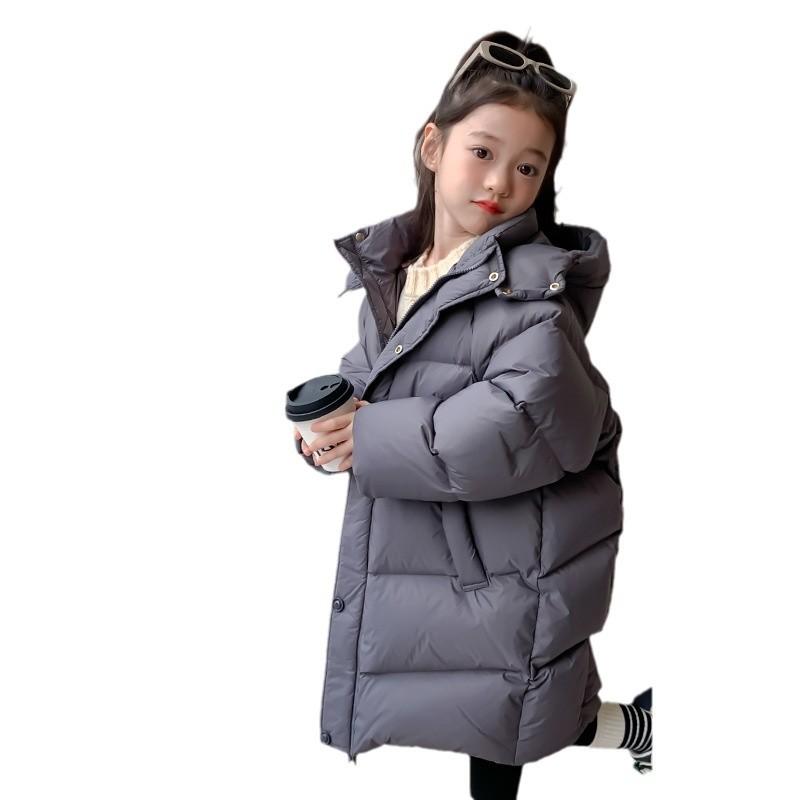 

Пуховик белый гусиный пух длинный корейский стиль зимняя одежда для детей среднего возраста утолщенное пальто с капюшоном модное хлопковое пальто 160cm серый