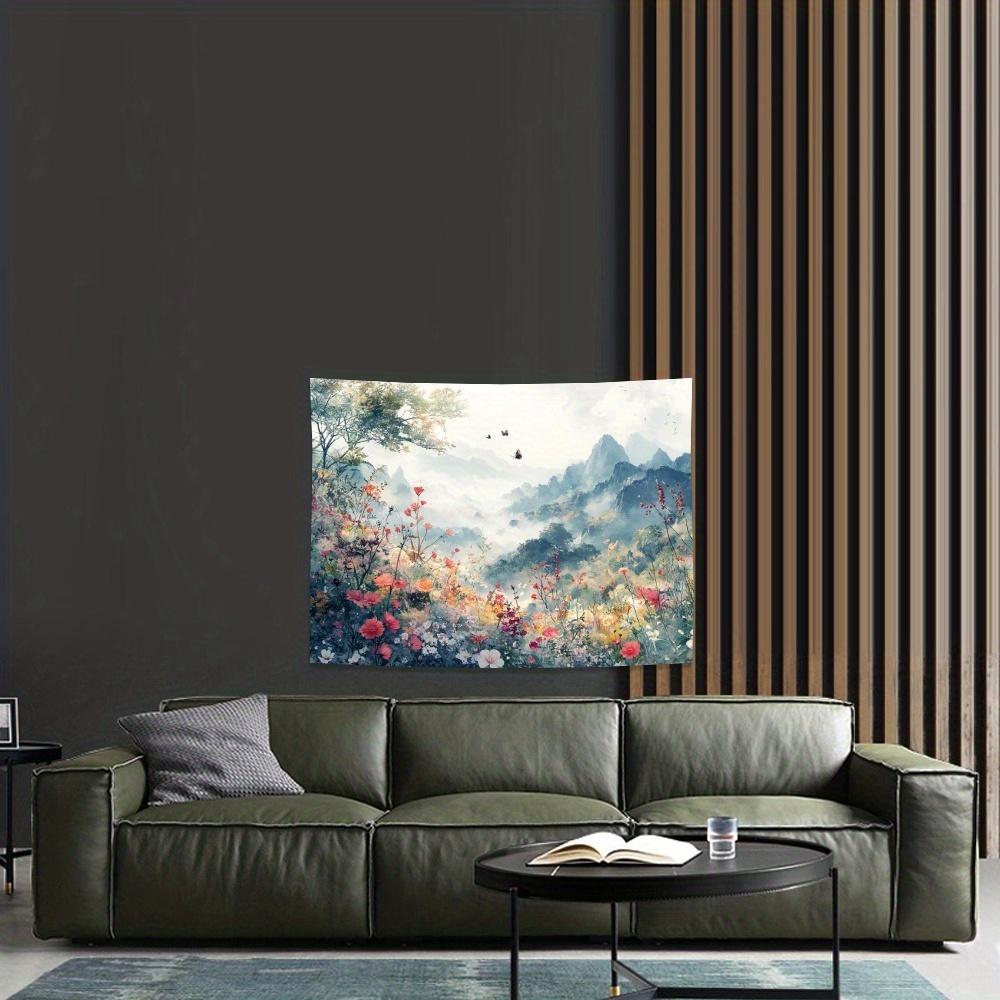 Chinese Landscape Tapestry, Misty Mountains And Colorful Flowers, Traditional Scenery Wall Hanging For Living Room