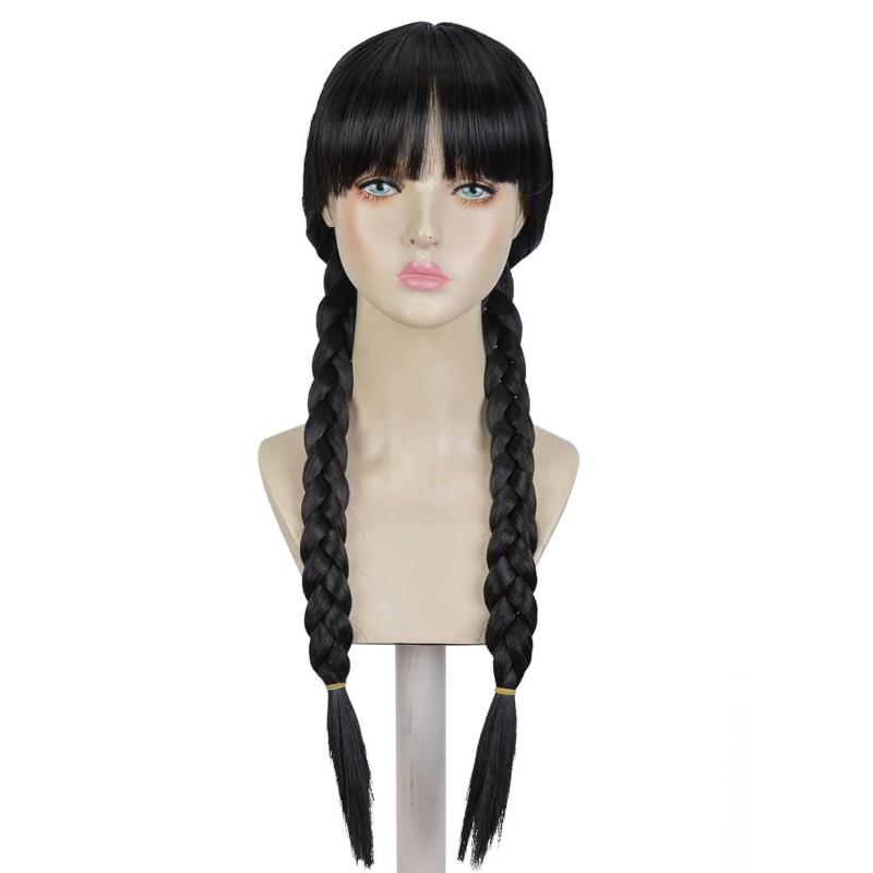 Halloween Cosplay Wig Long Black Bangs Double Braids Anime Costume Women