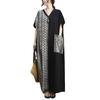 Big Size Women's Summer New Cotton and Linen Retro Colour Blocking Long Dress Large Pockets V-neck Long Gown Women's Dresses
