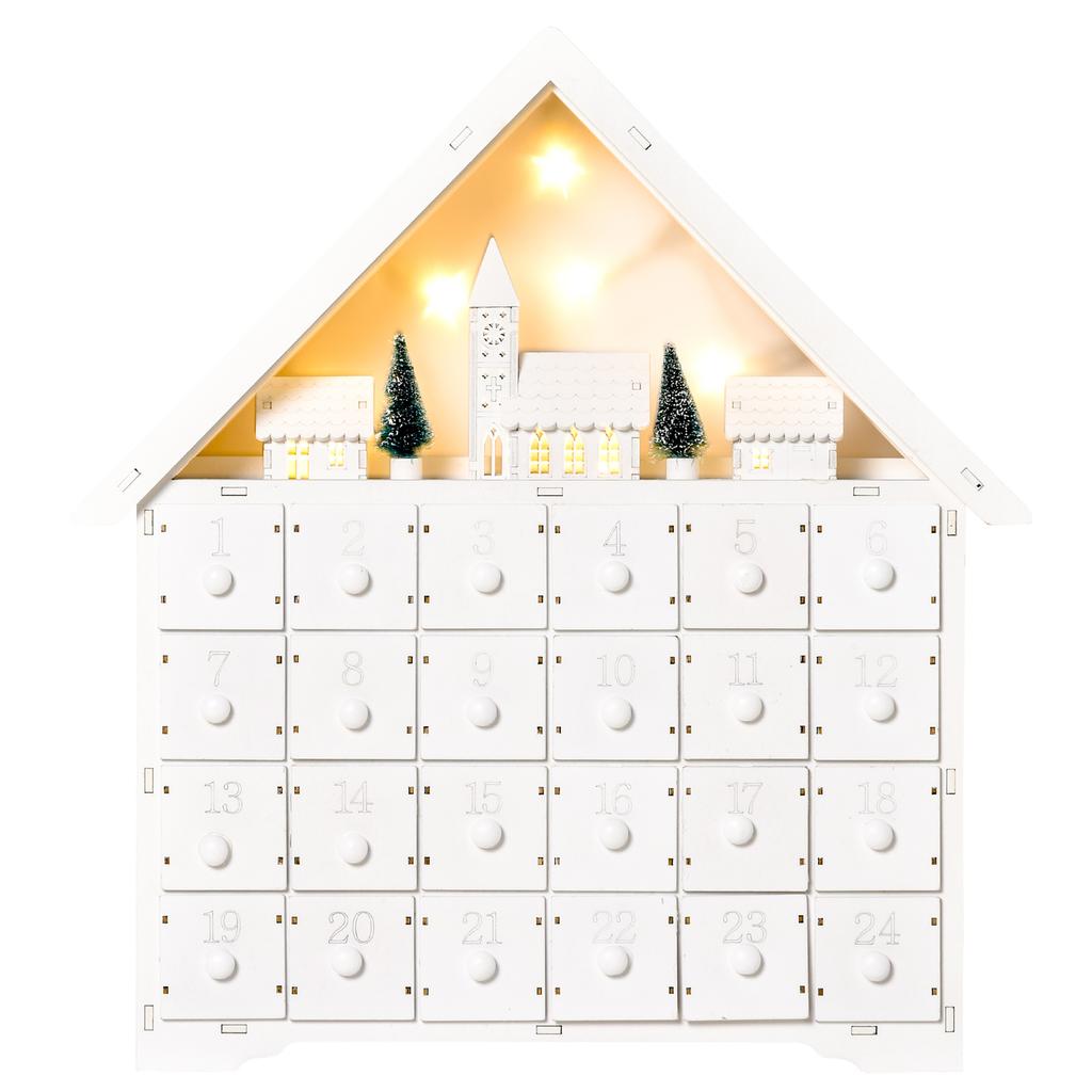 Advent calendar Christmas decoration Christmas decor, 24 drawers, LED lights, 39 cm x 9 cm x 42 cm, white + green