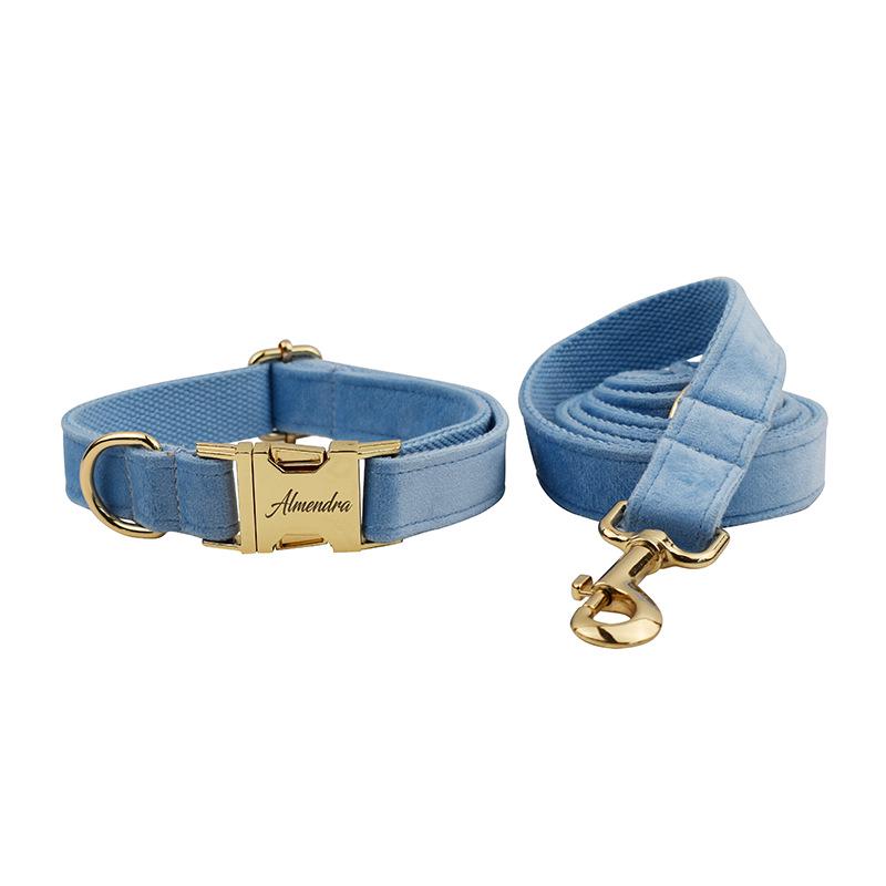 Customizable Sky Blue Velvet Dog Collar & Leash XS
