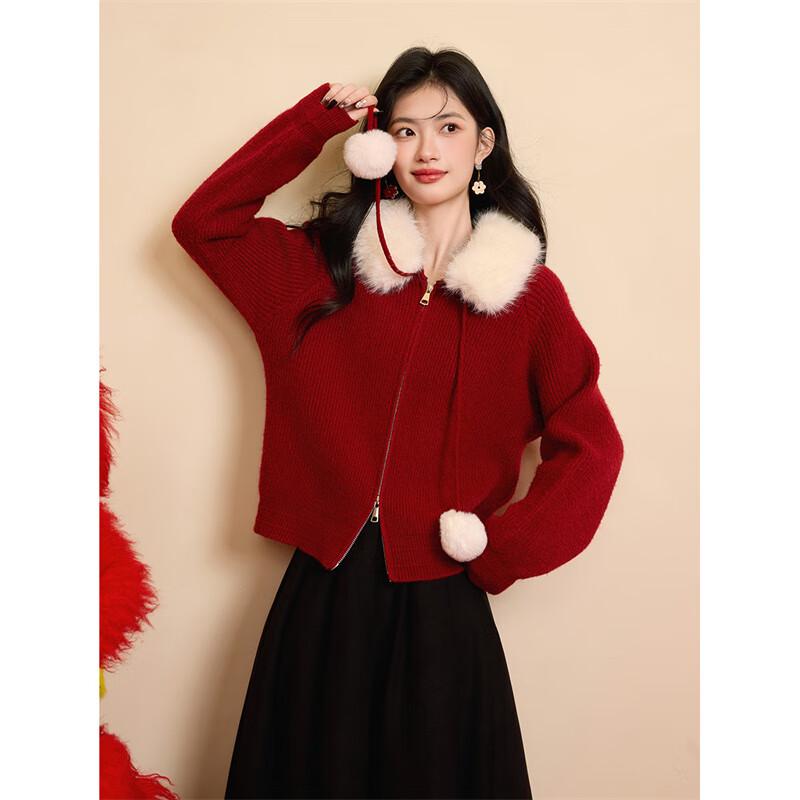 

Women s Christmas Hooded Knit Cardigan with Faux Fur Collar L