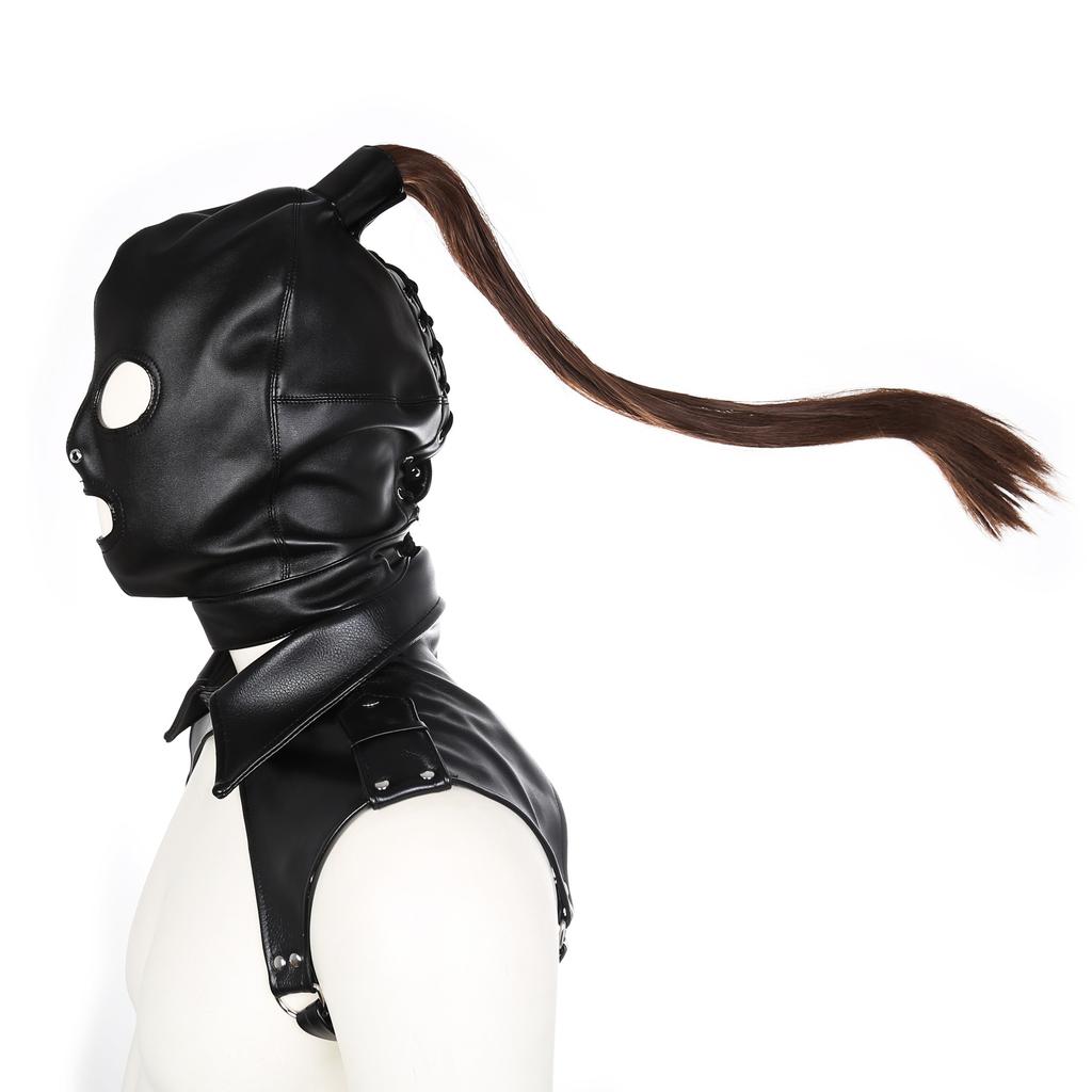 TleMeny Latex Unisex Hood Mask Sexy PU Leather Masks Men Women Cosplay Flirting Hair Ponytail Chest Belt Headgear Sexy Cosplay