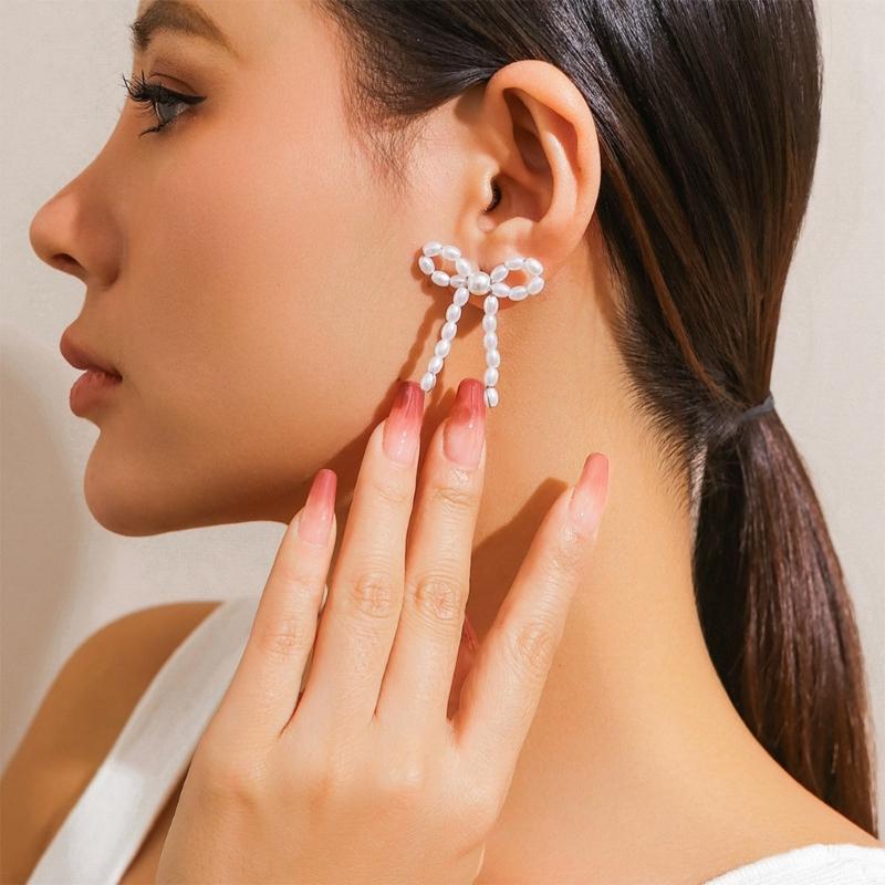 1 Paar Modische Schleifenohrstecker Eleganter Ohrschmuck Imitation Perlen Schleifenstecker Ohrringe Perfektes Geschenk für Frauen