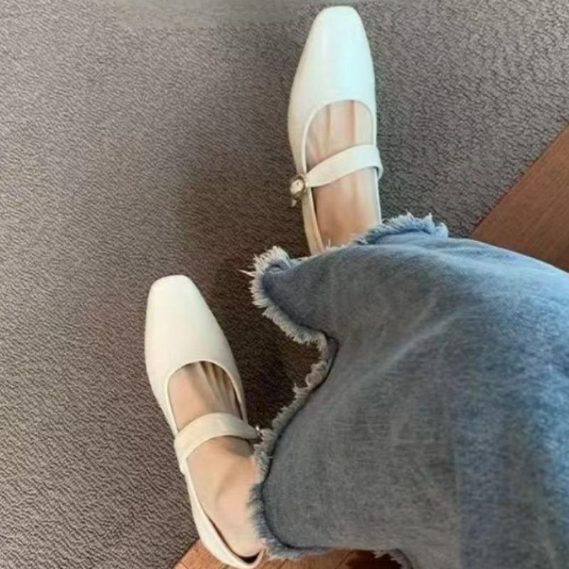 Fashion Women's Low Heel Shoes Spring New Square Head Shallow Mouth Metal Buckle Soft Sole Anti-slip Wear-resistant Low Top Shoes