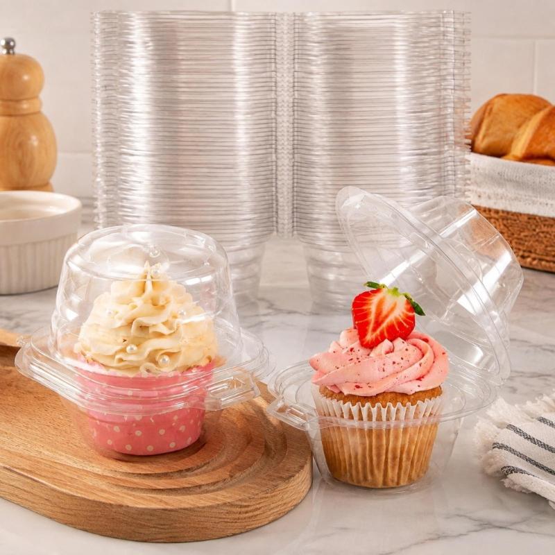 Individual Dessert Packages in Clear Plastic with Hinged Domed Covers and Fold-Over Fasteners for Takeout Display