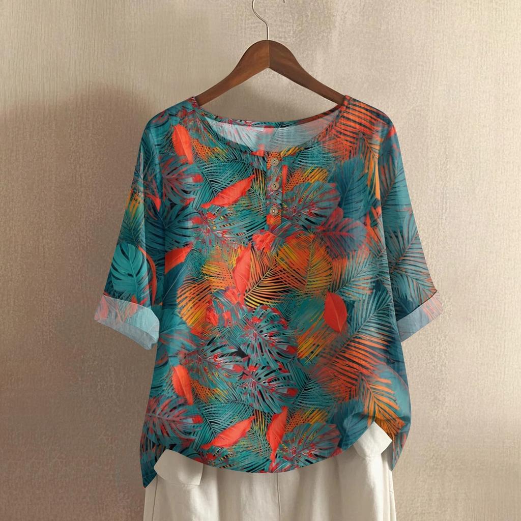Women's Fashionable And Casual Shirt Half-sleeve Round Neck Print Cotton And Linen Blouse Top