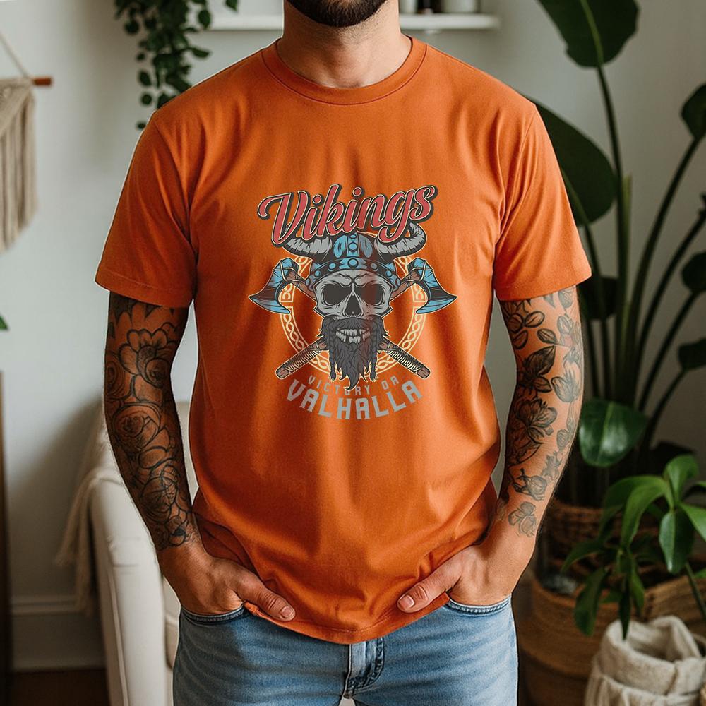2026 Summer 100 Cotton Vikings Valhalla Graphic Oversized Tee Viking Valhalla Skull Norse Mythology Themed Short Sleeve