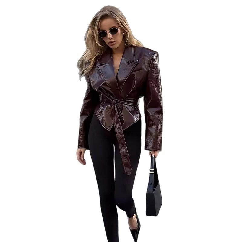 Autumn/Winter Women's Trendy Motorcycle Leather Jacket with Lace-Up Design