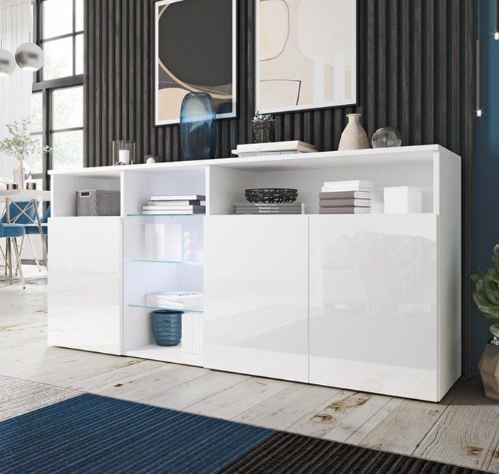 3-Door Buffet Cabinet | 3 Glass Shelves | LED | 150 X 72 X 35 Cm | White Color with Glossy Finish | Clark