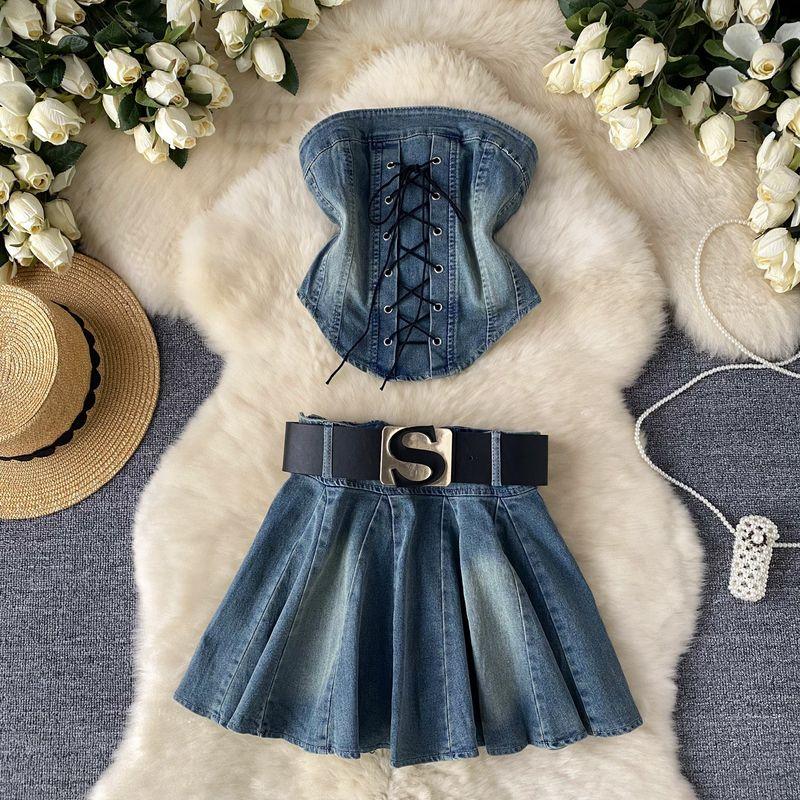 Hot Stylish Lace-up Waist-Controlled Asymmetrical Tube Top Vest Two-Piece Set Women's Dress with Belt Denim Skirt