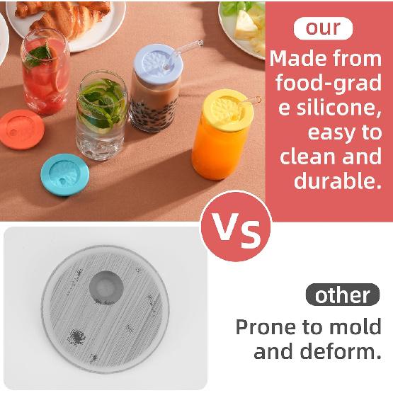 4 Pcs Silicone Lid Fit for Netany 16OZ Drinking Glass Cups with a diameter of 2.3"/58 mm, Replacement Lids for Beer Can Cups, Reble Cover with Straw