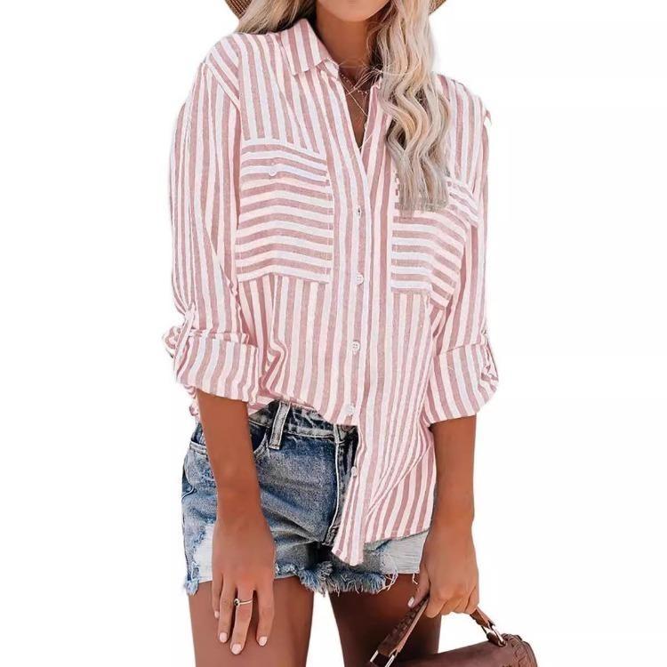 2024 Summer Women's Fashion Striped Long Sleeve Shirt Cotton Polyester Blend