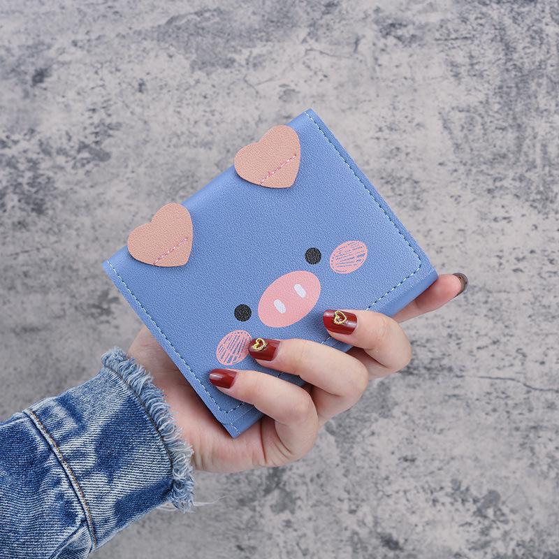 2025 Women s Cute Cartoon Pig Tri-Fold Coin Wallet темно-синий