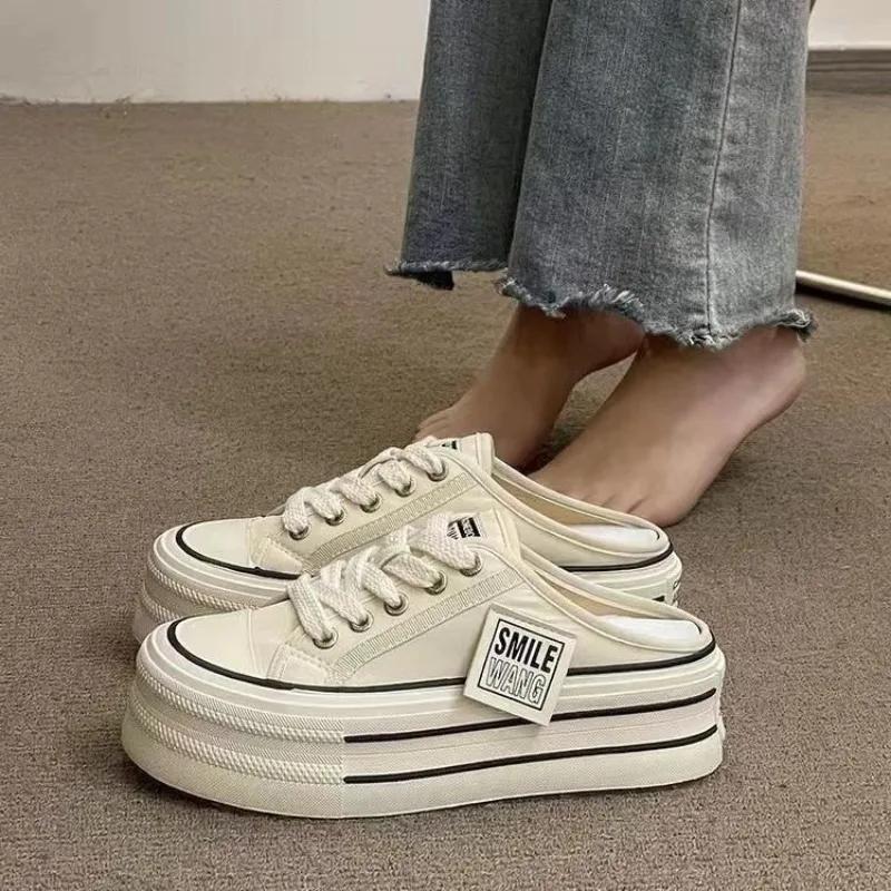 2025 Summer New Thick Slippers Fashion Casual Women Canvas Bottom Heightening Sandals Female Indoor Baotou Low Sneakers