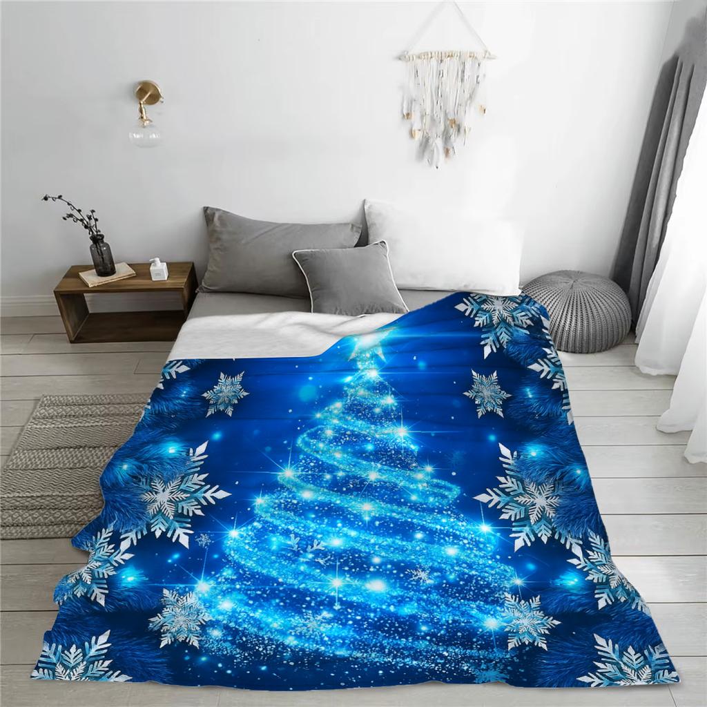 1pc Soft Christmas Tree Print Plush Blanket Blue Xmas Theme Snowflake All Season Use Washable Throw Blanket for Girls Daughter