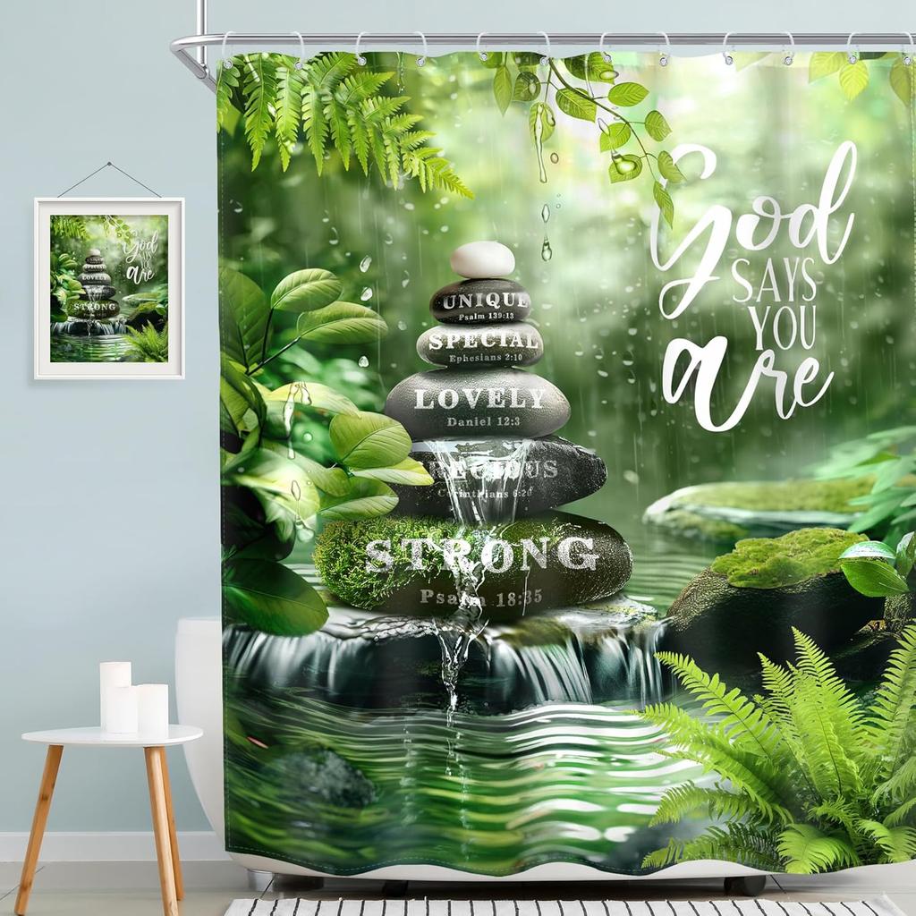 Tenda da Doccia Zen Pietra 60L x 72A Versetto Biblico Foglie Verdi Spa Botanico Goccia di Pioggia Rilassante Tenda da Bagno Citazioni Cristiane