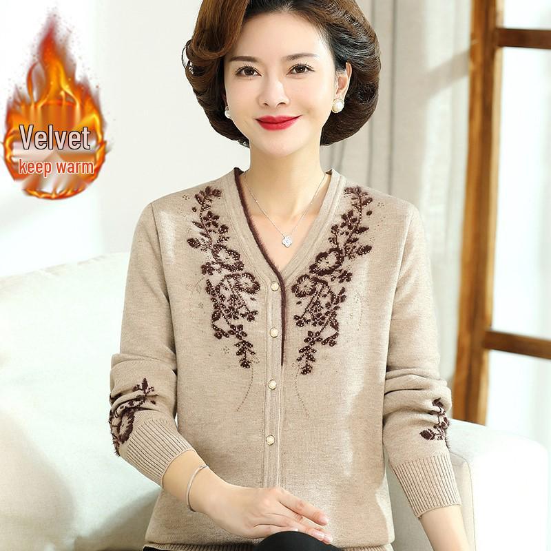 Stilvoller Winter-Samtcardigan mit V-Ausschnitt für Mütter – Modischer Pullover für Frauen mittleren und höheren Alters