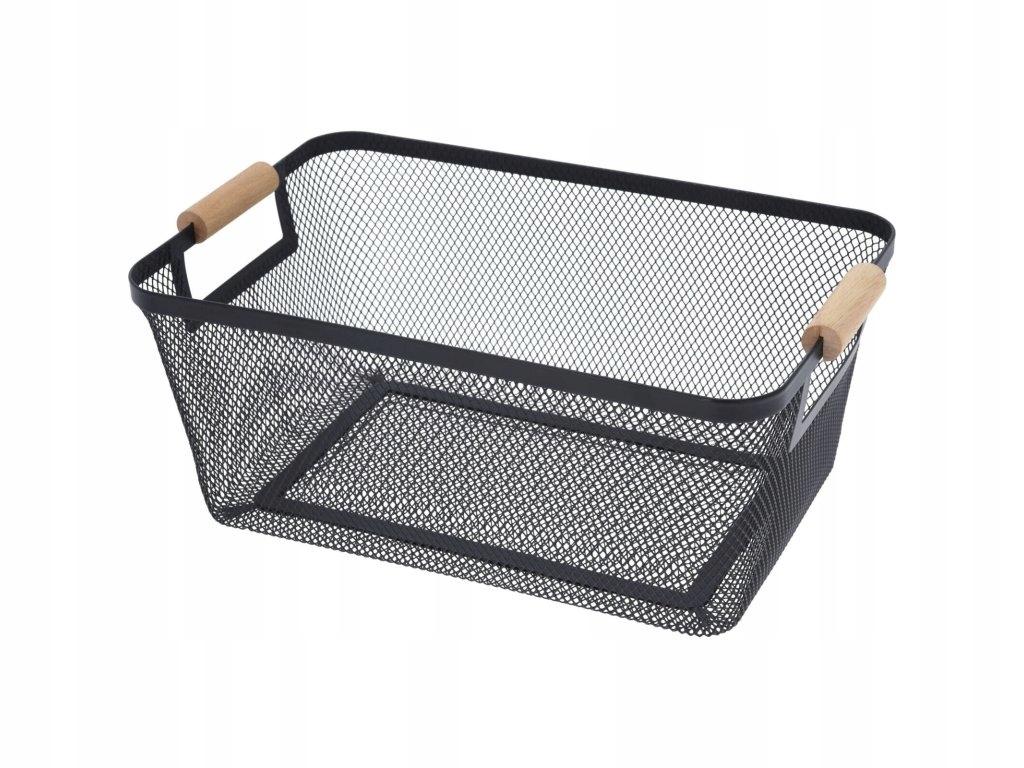 Koszyk do przechowywania metalowy czarny drewniane uchwyty 35,5x23x16cm