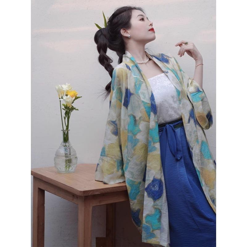 Spring and Autumn Retro Chinese Style Hanfu Modified Shirt Loose Plus Size Women's Printed Pair-breasted Wide-sleeved Shawl Long Shirt Top