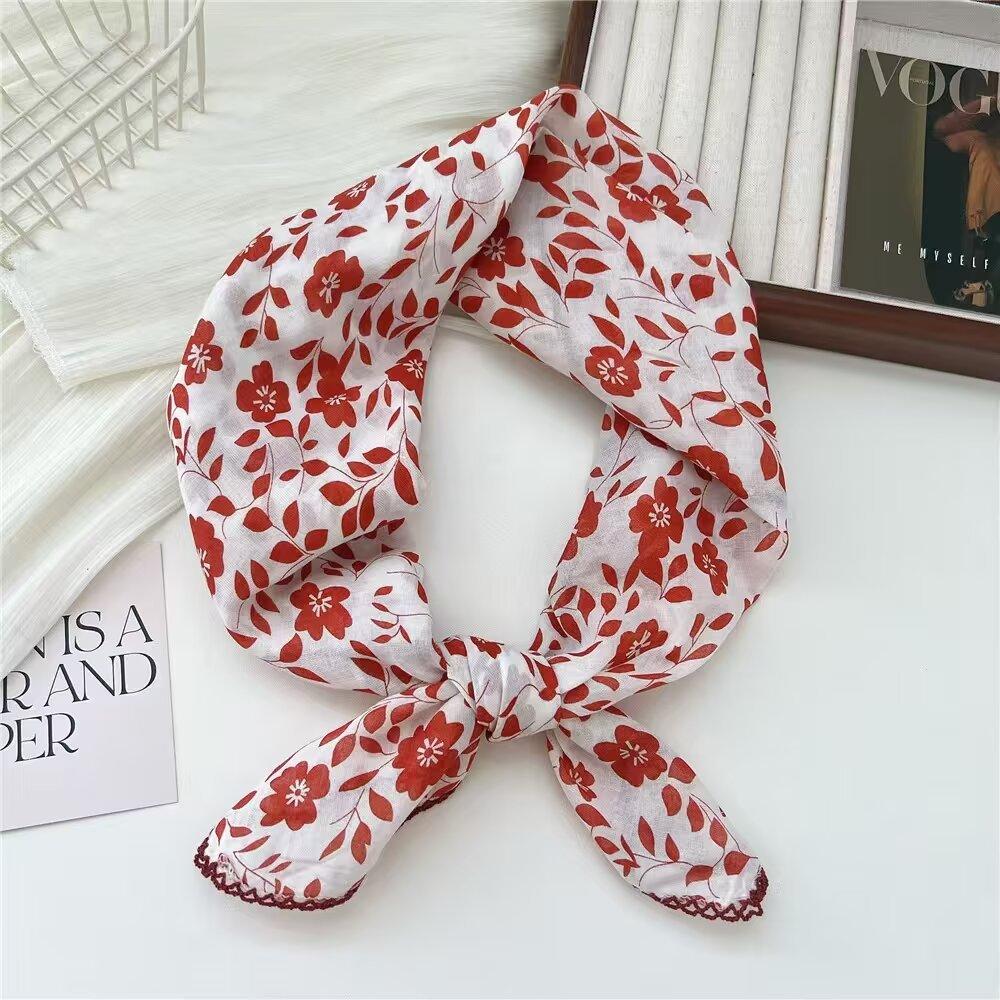 70 Printed Small Square Scarf Women'S Cotton And Linen Red Retro Silk Scarf Literary Small Fresh Triangular Decorative Scarf