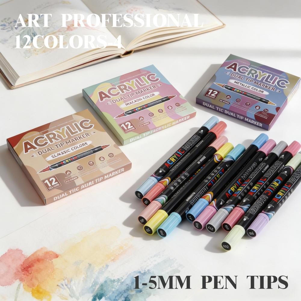 Premium  Direct Liquid Dual Tip Acrylic Marker 12 Colors Brush Soft&Fine Tip Marker Art Painting Pen For Rock Graffiti