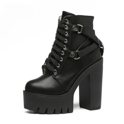 Fashion Fashion Black Boots Women Heel Spring Autumn Lace-up Soft Leather Platform Shoes Woman Party Ankle Boots High Heels Punk