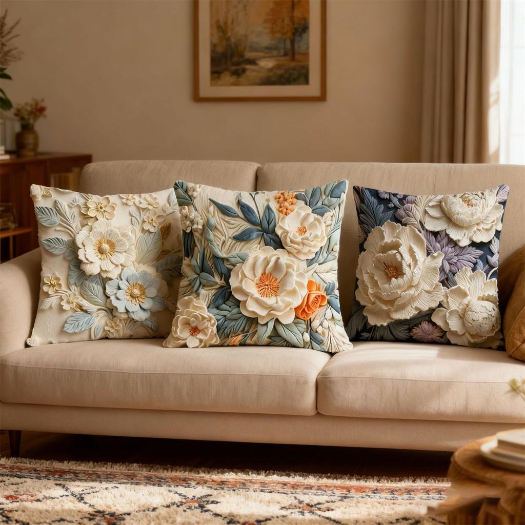 Retro Floral Throw Pillow Cover, Creative Oil Painting And Carving Printed Home Sofa Cushion Cover