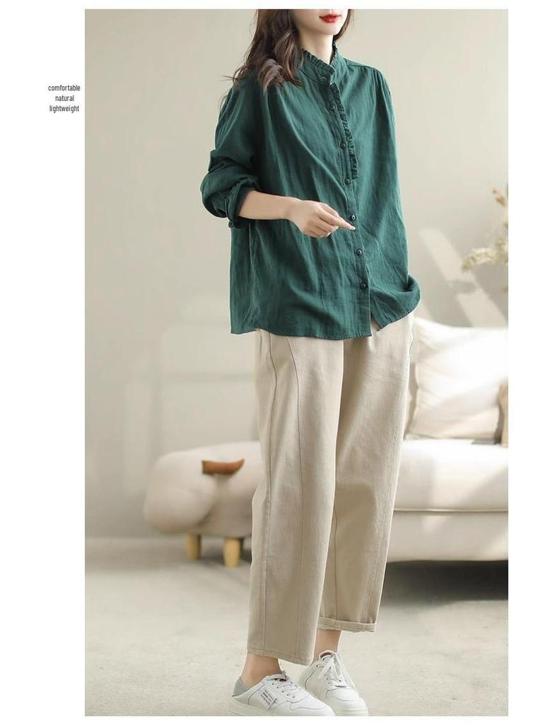 Women's Retro Cotton Linen Slimming Long Sleeve Shirt - Solid Color, Loose Fit for Spring & Autumn.