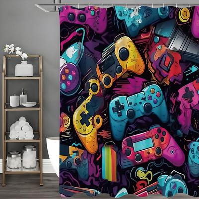 Cartoon coole Spielkonsole Duschvorhang, Badezimmer dekorativer Duschvorhang, wasserdichter Duschvorhang mit Haken