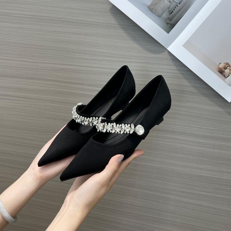2025 New Fashionable and Versatile Solid Color Pointed Toe Women's Single Shoes with Rhinestone Decoration Slip-on Women's Shoes