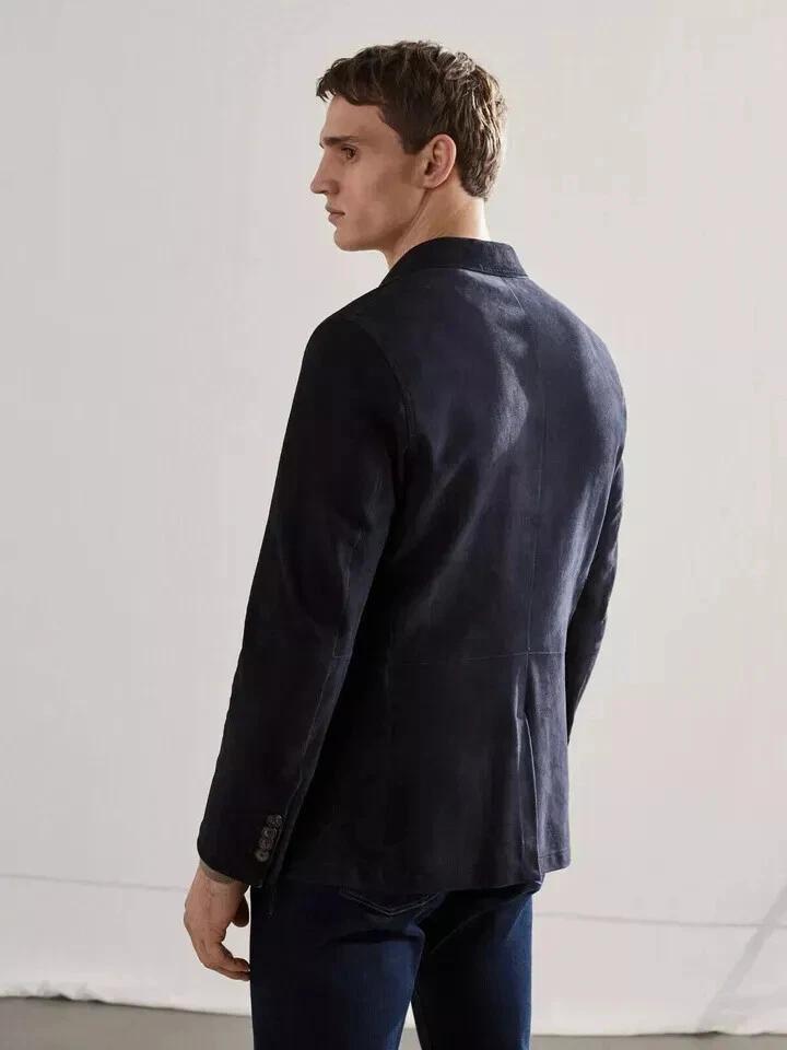 Handmade Formal Party Wear Casual Stylish Men's Dark Blue Soft Suede Leather Blazer