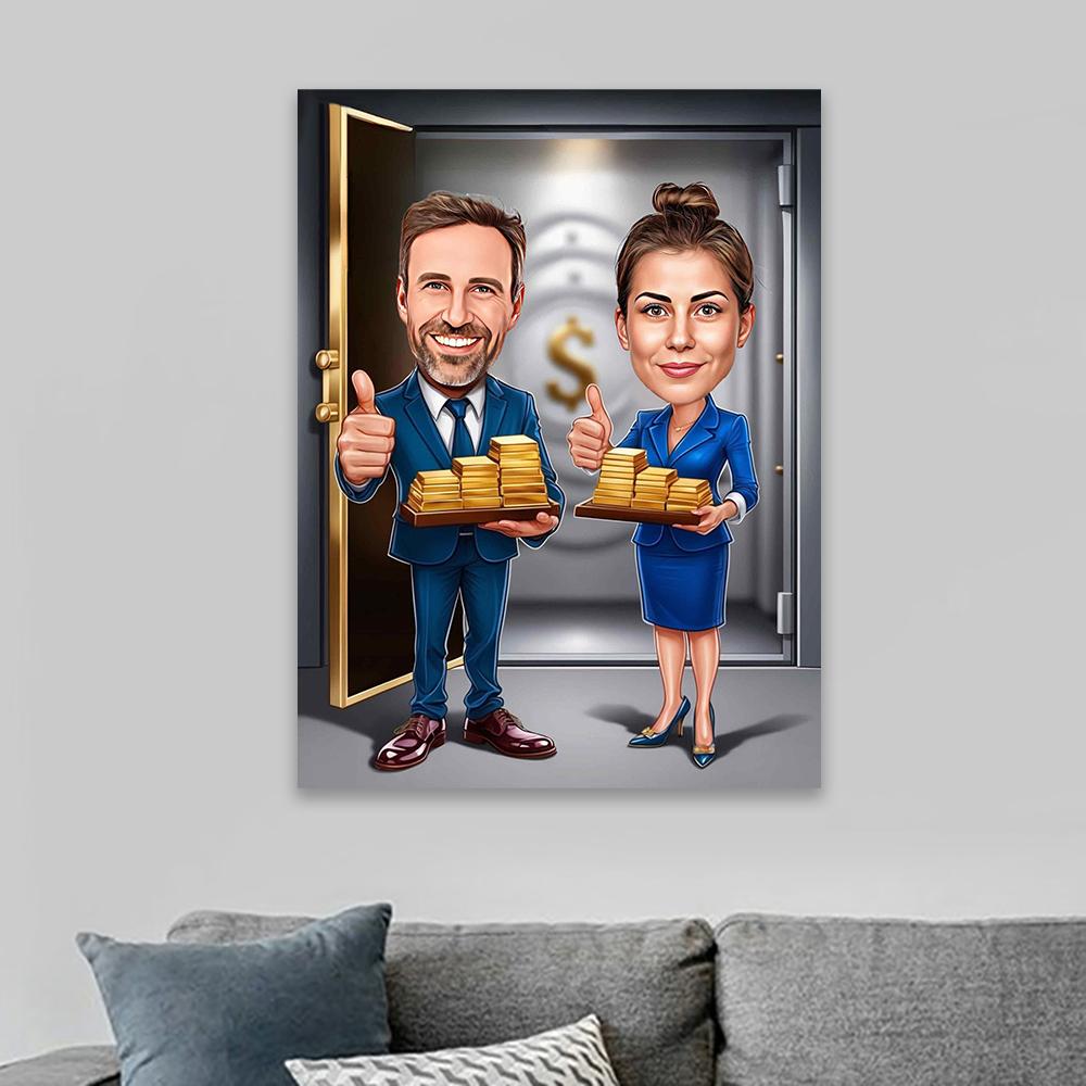 Funny Couple Cartoon Portrait Poster Money CEO Caricature Prints Big Boss Personalized Gift Businessman Office Wall Art Canvas