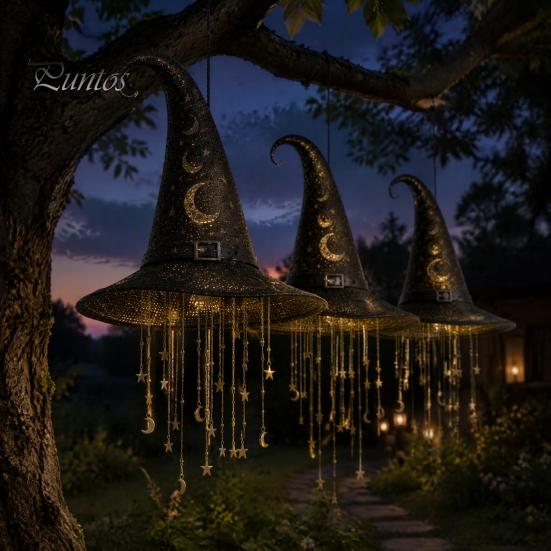 Gruselige Party-Gartendekoration Leuchtender Hexenhut Hängelampe, Leuchtendes Halloween mit Funkelnden Einfach zu Installierende Lichter Sterne Mond, Innen Außen